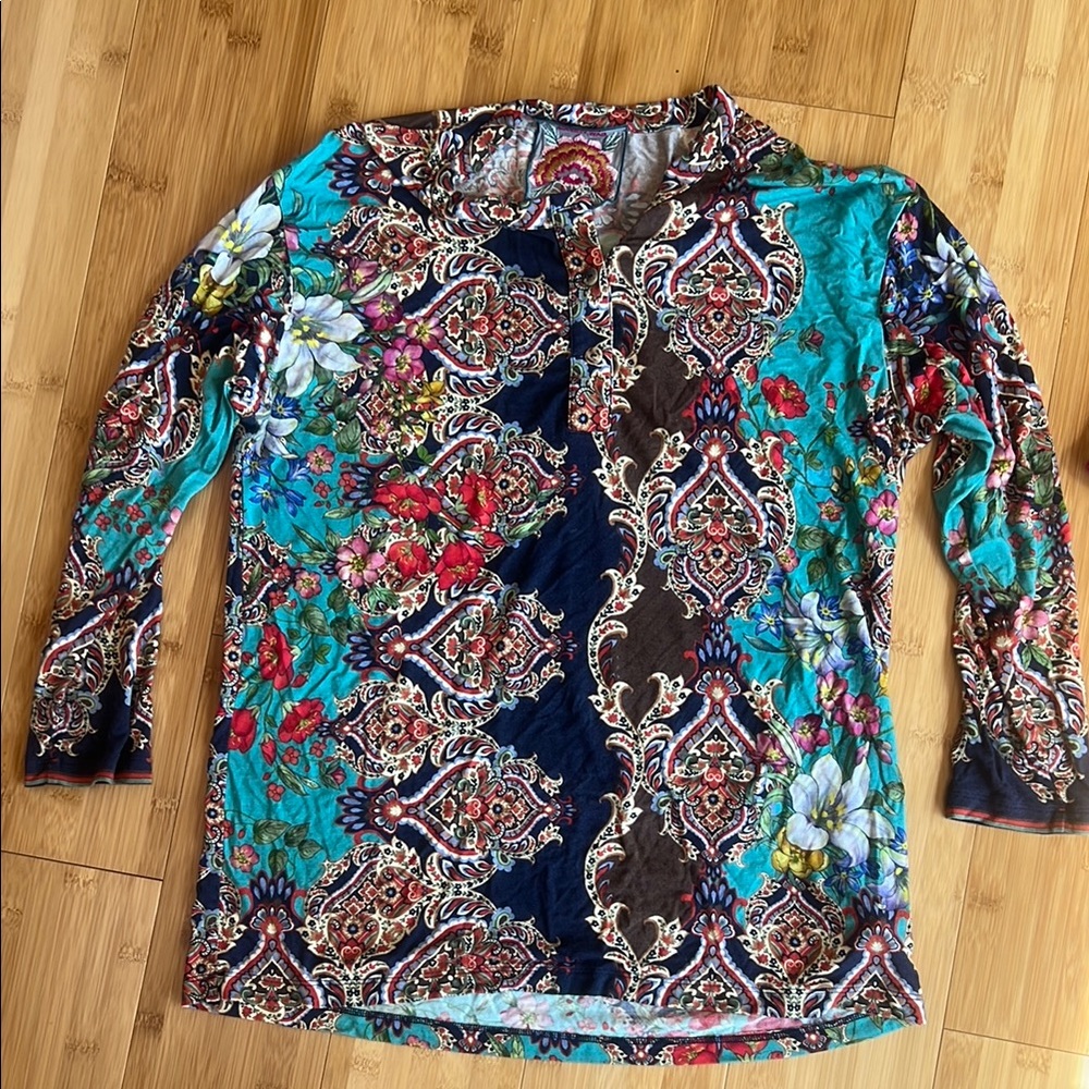 Johnny Was Blue Black Graphic Long Sleeve Blouse